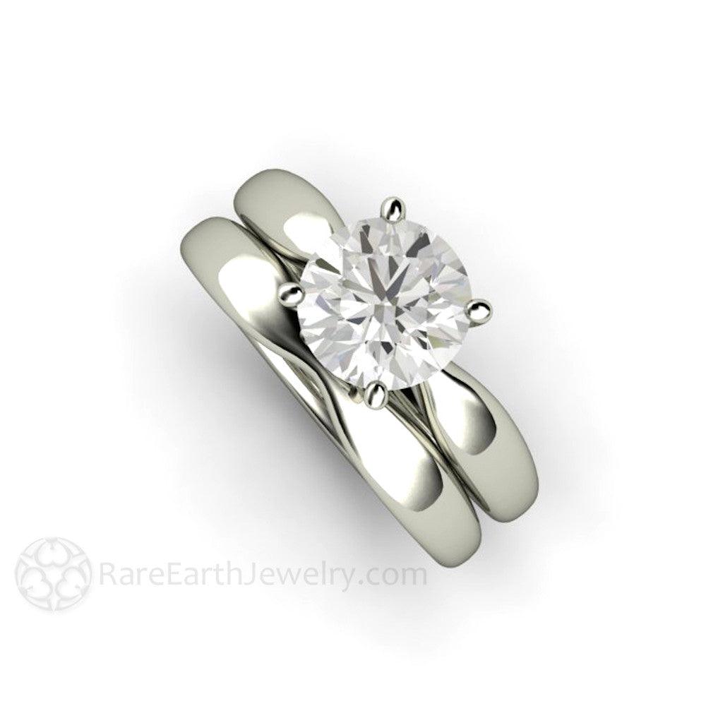 Forever One Moissanite Engagement Ring Classic Solitaire Wide Tapered Band - Rare Earth Jewelry