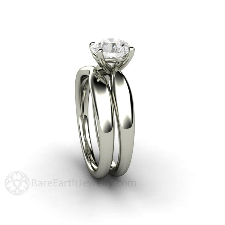 Forever One Moissanite Engagement Ring Classic Solitaire Wide Tapered Band - Rare Earth Jewelry