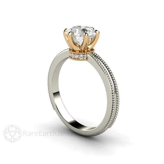 Forever One Moissanite Engagement Ring Crown 6 Prong Solitaire - 14K White Gold/Yellow Top - April - Moissanite - Round - Rare Earth Jewelry