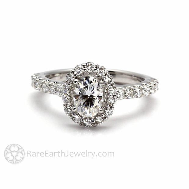 French Pave Moissanite Engagement Ring Oval Cut Halo with Diamonds 14K White Gold - Engagement Only - Rare Earth Jewelry