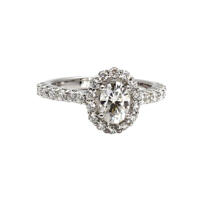 French Pave Moissanite Engagement Ring Oval Cut Halo with Diamonds from Rare Earth Jewelry