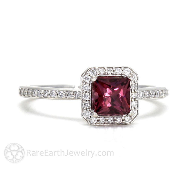 Garnet Ring January Birthstone Princess Diamond Halo Platinum - Rare Earth Jewelry
