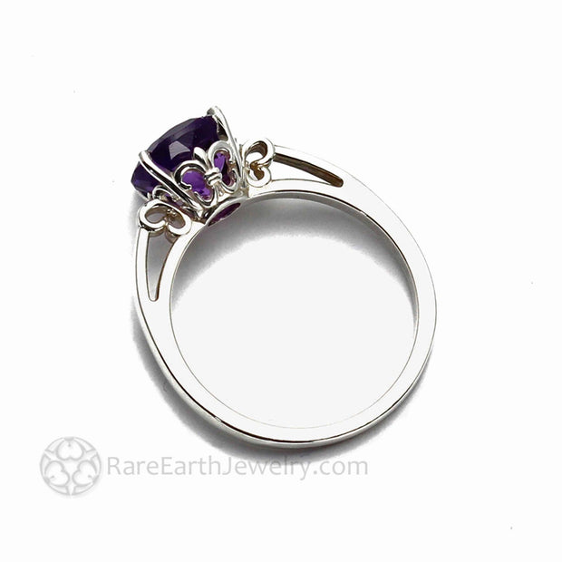 Gold Fleur de Lis Ring Natural Amethyst Ring February Birthstone 14K White Gold - Rare Earth Jewelry