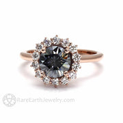 Gray Moissanite Engagement Ring Diamond Halo Vintage Style 14K Rose Gold - Rare Earth Jewelry