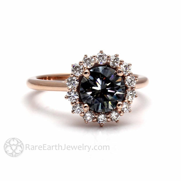 Gray Moissanite Engagement Ring Diamond Halo Vintage Style 18K Rose Gold - Rare Earth Jewelry