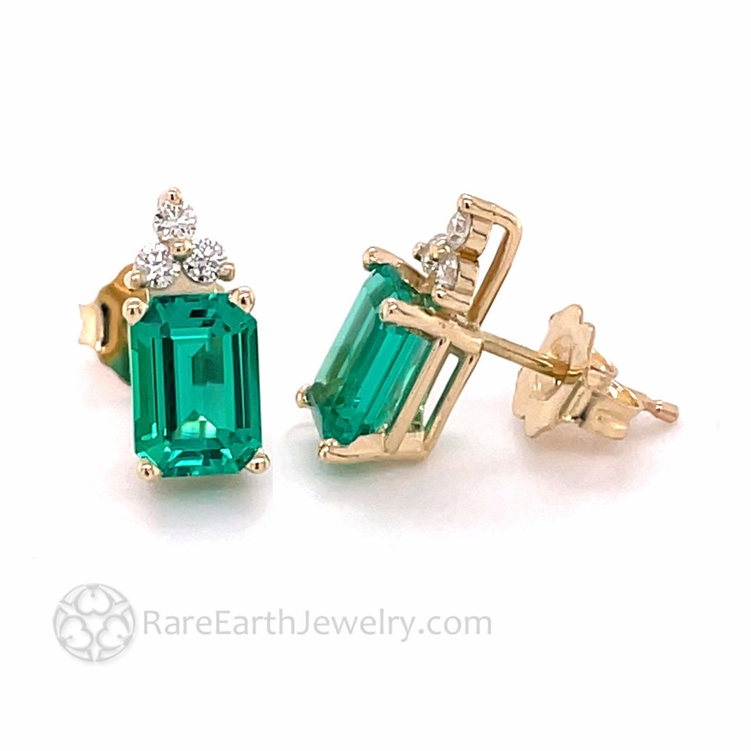 Green Emerald Earrings with Diamonds Emerald Cut Studs in 14K Gold - Rare Earth Jewelry