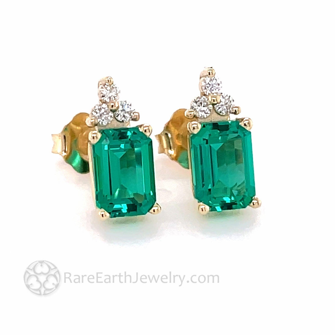 Green Emerald Earrings with Diamonds Emerald Cut Studs in 14K Gold - Rare Earth Jewelry