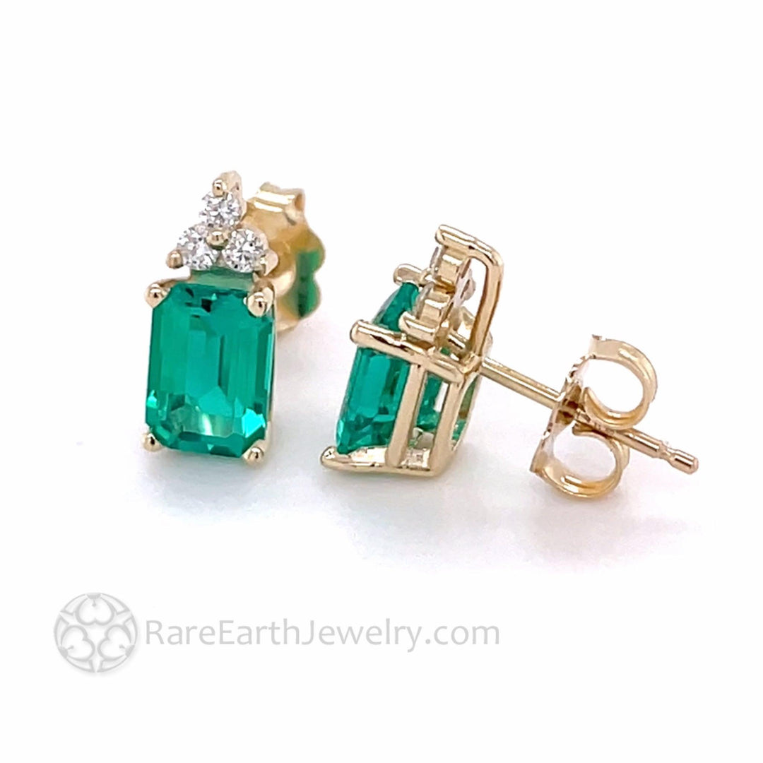 Green Emerald Earrings with Diamonds Emerald Cut Studs in 14K Gold - Rare Earth Jewelry