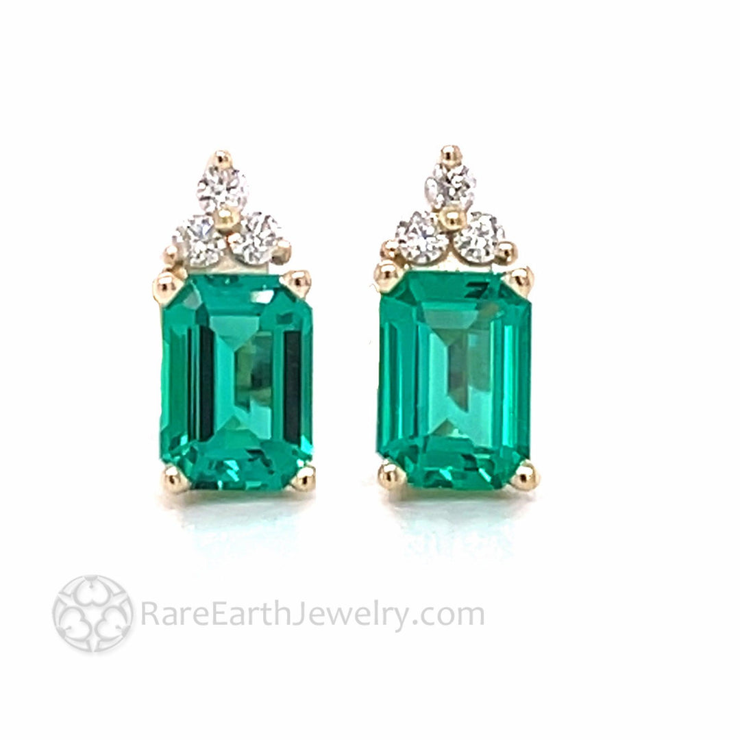 Green Emerald Earrings with Diamonds Emerald Cut Studs in 14K Gold - Rare Earth Jewelry