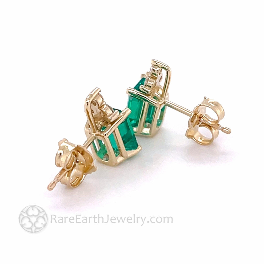 Green Emerald Earrings with Diamonds Emerald Cut Studs in 14K Gold - Rare Earth Jewelry