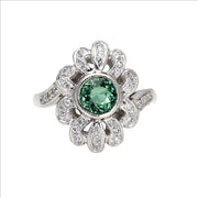 Mint Green Tourmaline Ring Antique Art Deco Style with Bezel Setting and Pave Diamonds in 14K Gold from Rare Earth Jewelry.
