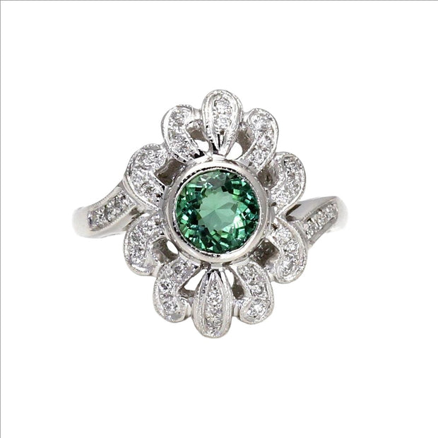 Green Tourmaline Ring Art Deco Style Vintage Style with Diamonds 14K White Gold - Rare Earth Jewelry