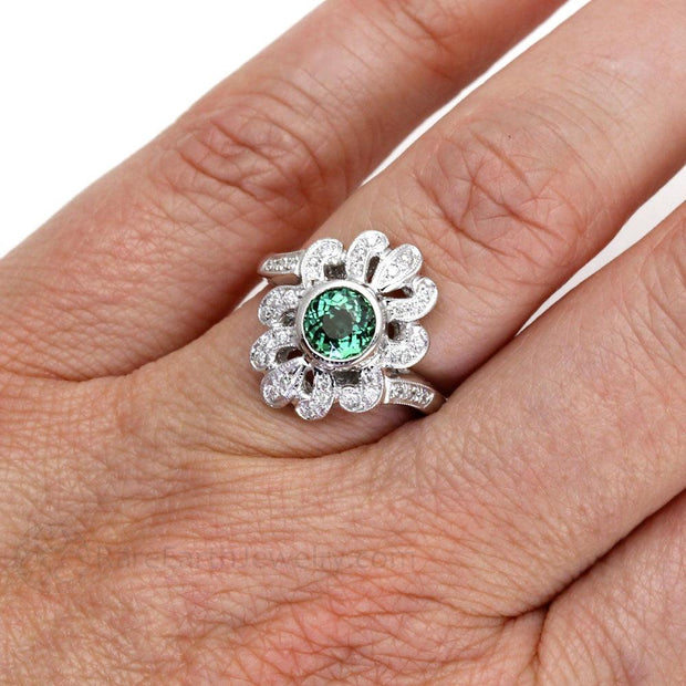 Green Tourmaline Ring Art Deco Style Vintage Style with Diamonds 14K White Gold - Rare Earth Jewelry