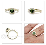 Green Tourmaline Ring with Diamond Halo 18K Yellow Gold - Rare Earth Jewelry