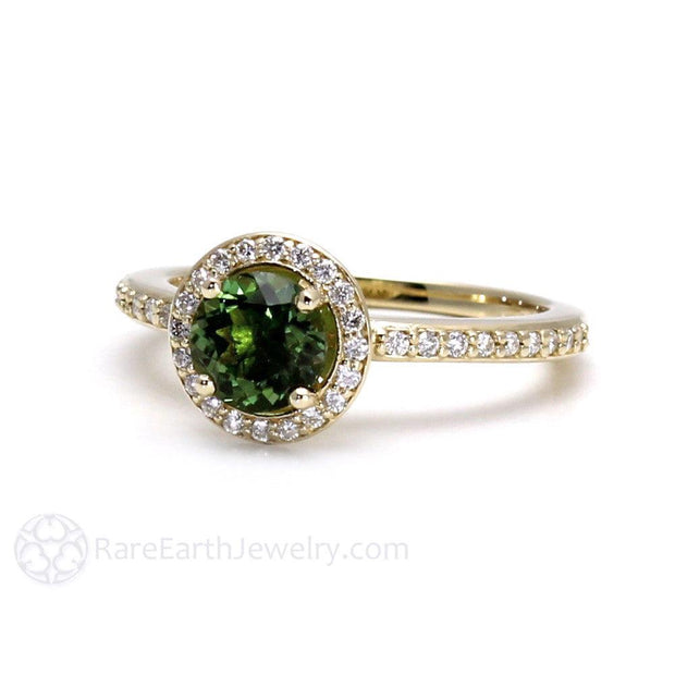 Round Cut Natural Green Tourmaline Ring with Diamond Accent Stones 14K Gold Rare Earth Jewelry