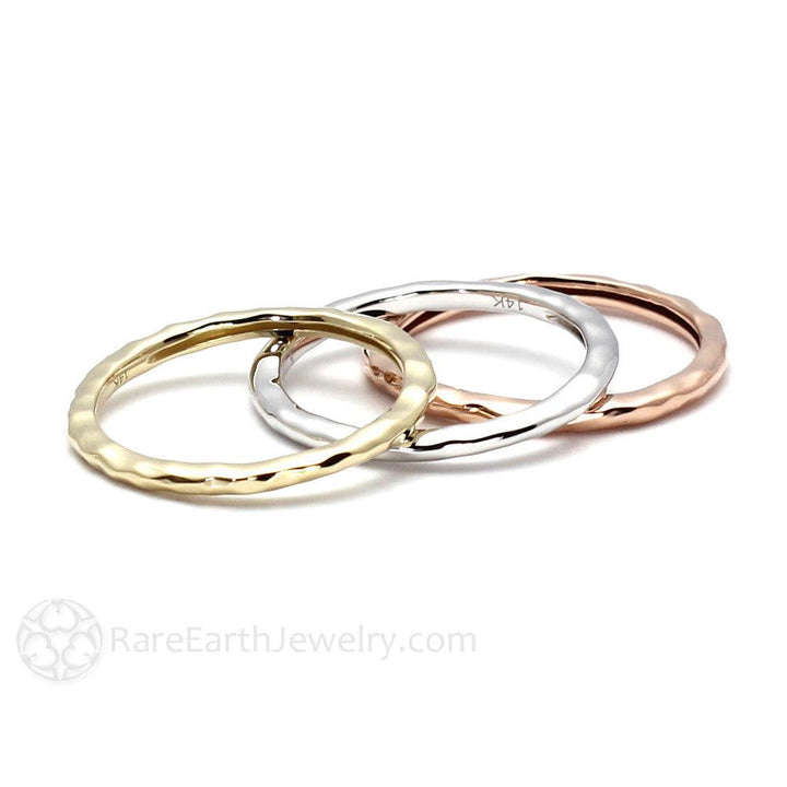 Hammered Finish Band Wedding Ring Stackable 14K 18K Gold or Platinum - Rare Earth Jewelry