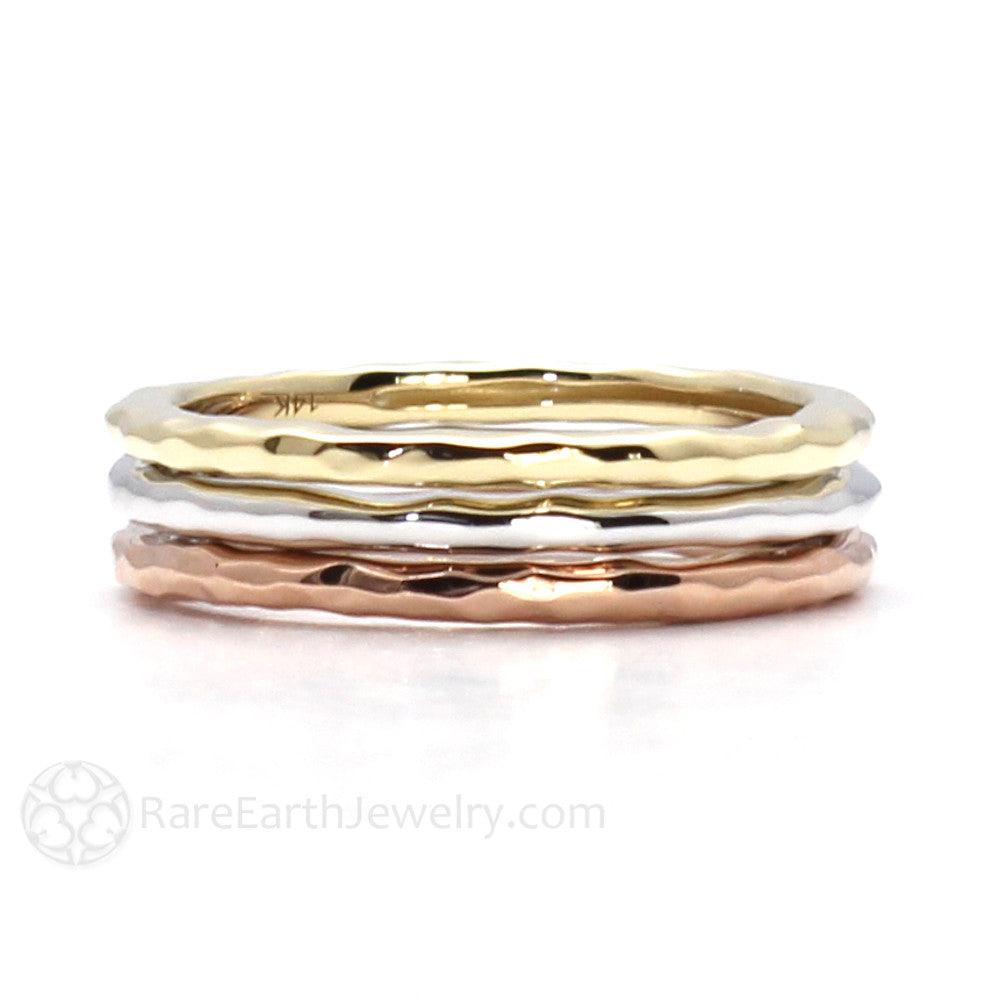 Hammered Finish Band Wedding Ring Stackable 14K 18K Gold or Platinum - Rare Earth Jewelry