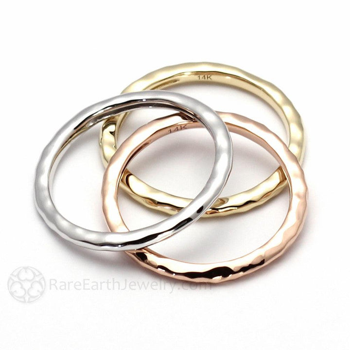 Hammered Finish Band Wedding Ring Stackable 14K 18K Gold or Platinum - Rare Earth Jewelry