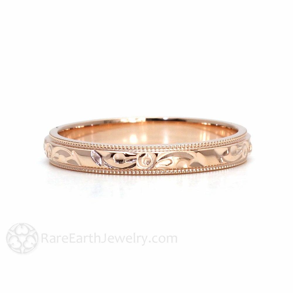 Hand Engraved Wedding Ring Vintage Style Band with Floral Design - Rare Earth Jewelry