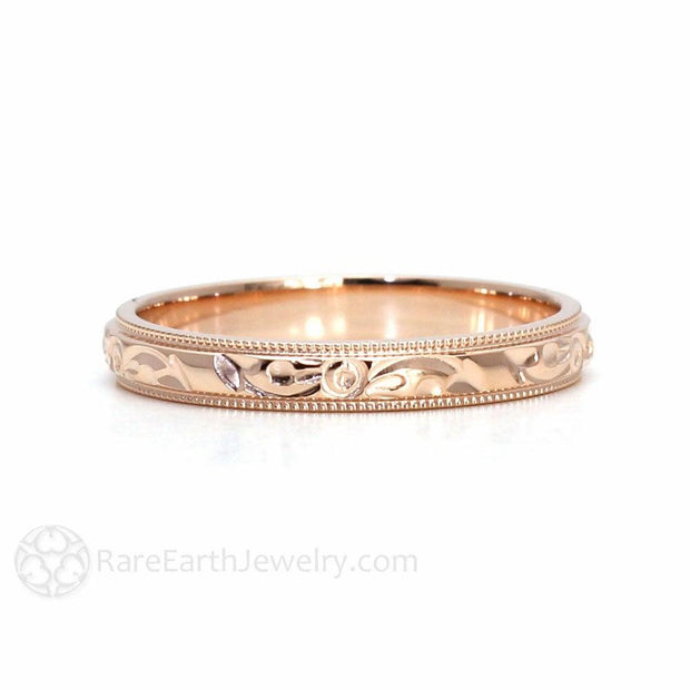 Hand Engraved Wedding Ring Vintage Style Band with Floral Design 14K Rose Gold - Rare Earth Jewelry