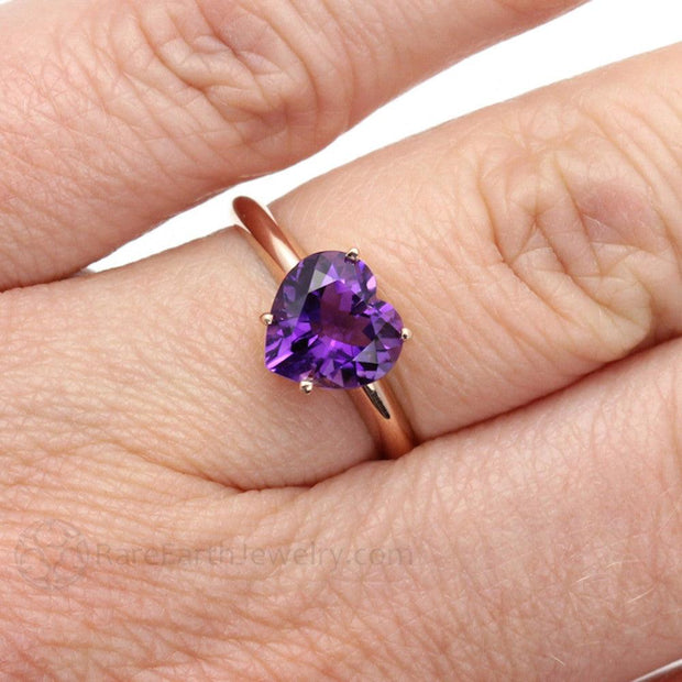 Heart Cut Amethyst Solitaire Ring February Birthstone 14K Rose Gold - Rare Earth Jewelry