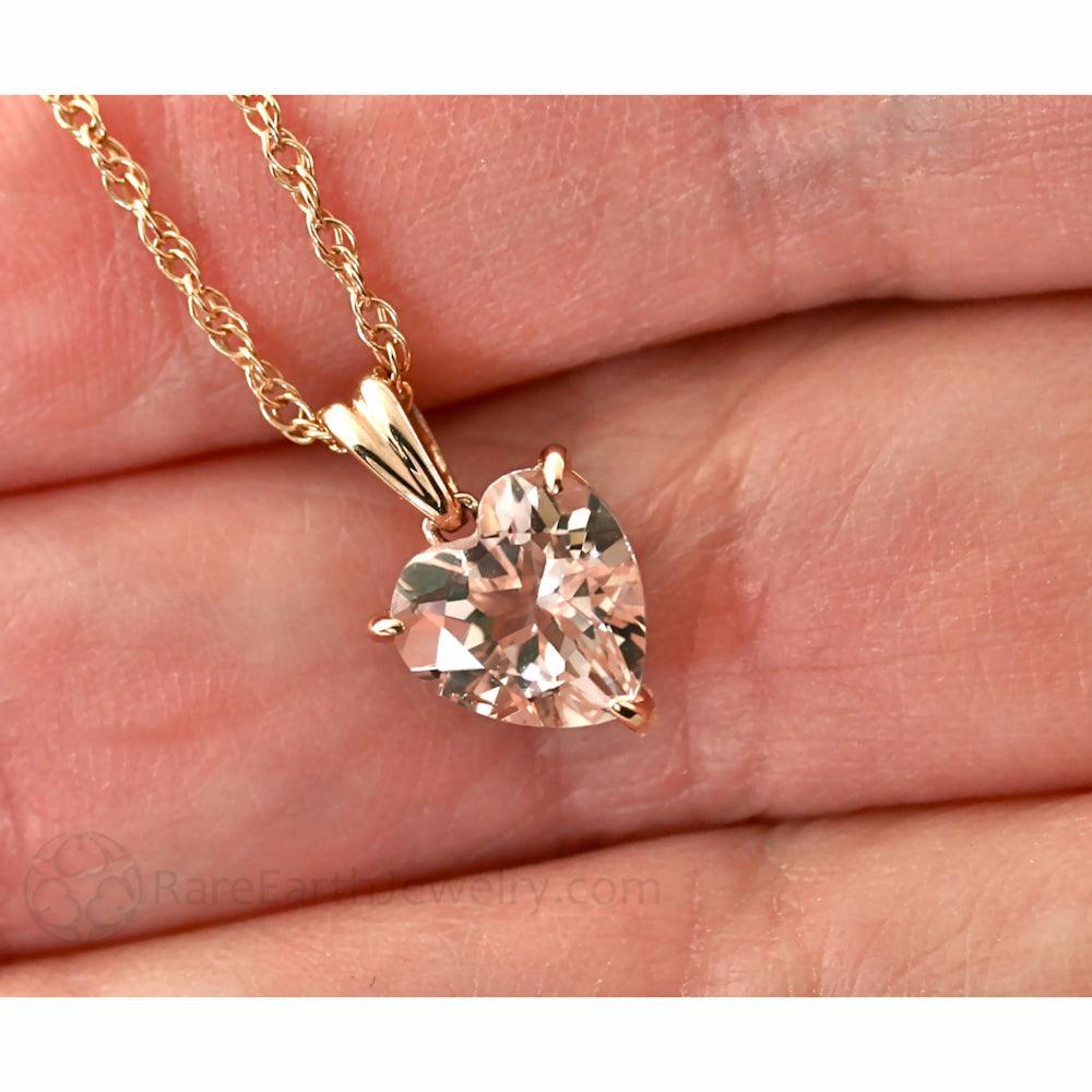 Natural Morganite Necklace Peach Pink Heart Pendant 14K Rose Gold - Rare Earth Jewelry