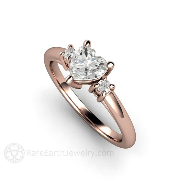 Heart Diamond 3 Stone Engagement Ring or Promise Ring 14K Rose Gold - Rare Earth Jewelry