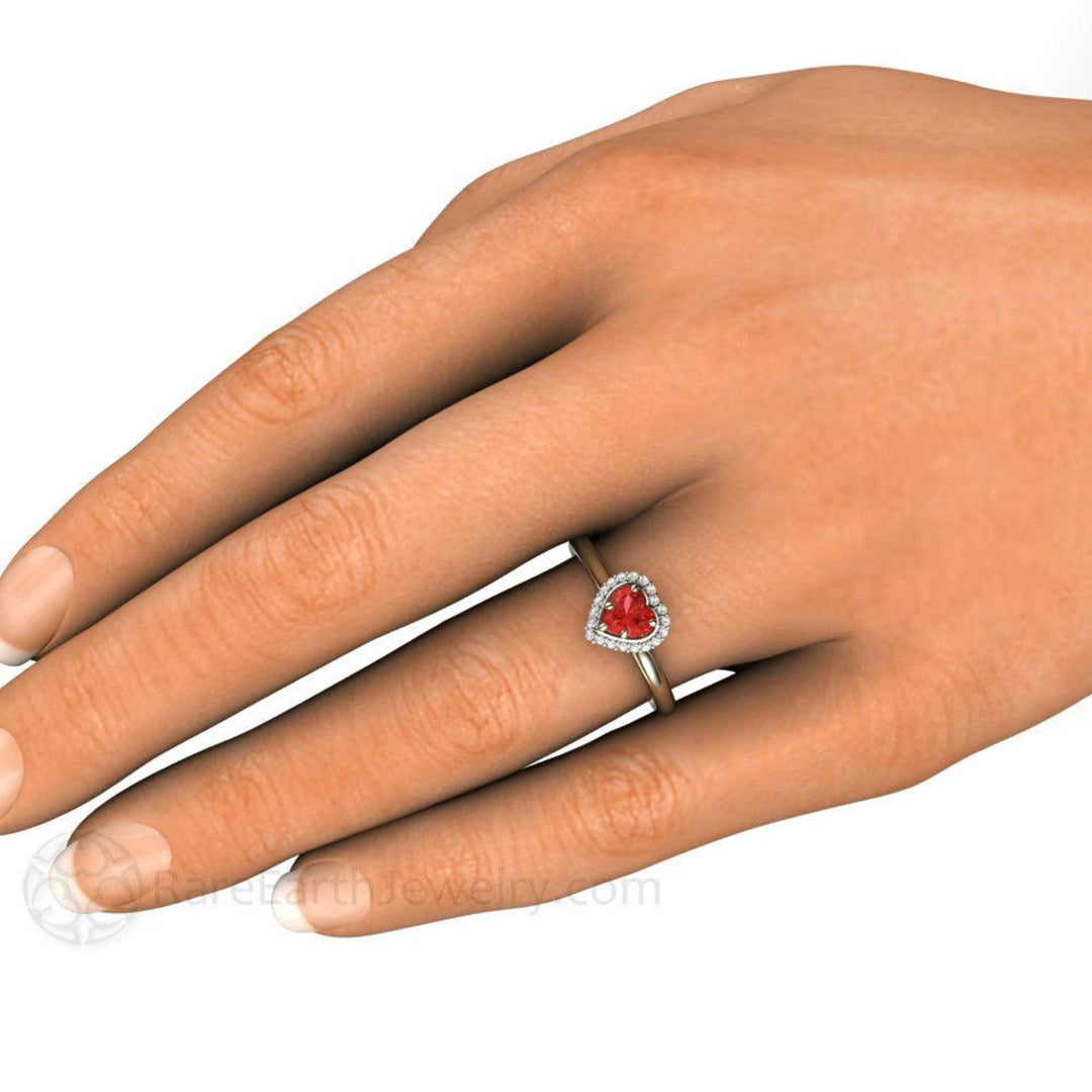 Heart Shaped Red Sapphire Ring shown on the Hand, Promise or Engagement Ring in 14K or 18K Gold | Rare Earth Jewelry