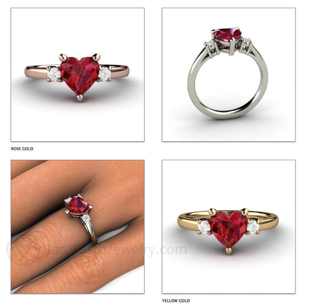 Ruby Heart Ring 3 Stone Engagement or Promise Ring with Diamonds Rose Gold and Yellow Gold - Rare Earth Jewelry