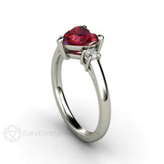 Ruby Heart Ring 3 Stone Engagement or Promise Ring with Diamonds Side View - Rare Earth Jewelry