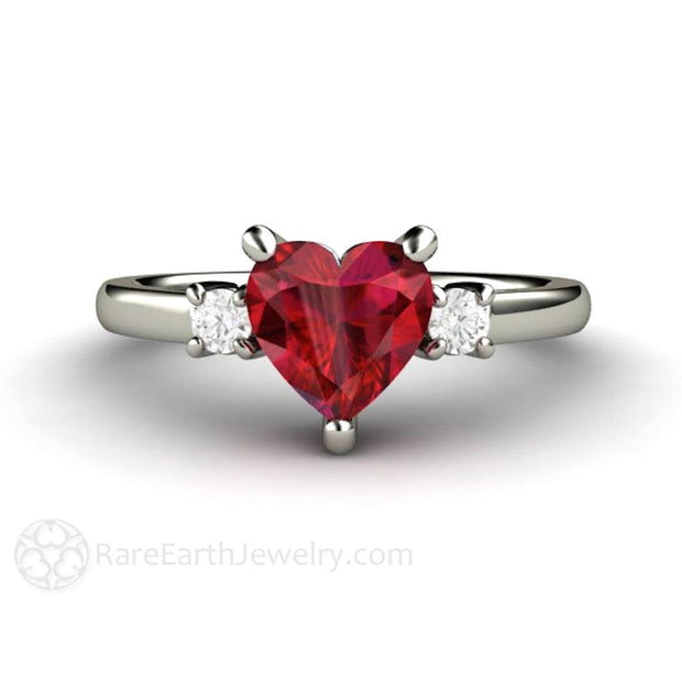 Ruby Heart Ring 3 Stone Engagement or Promise Ring with Diamonds - Rare Earth Jewelry