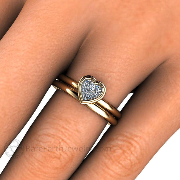Heart Solitaire Moissanite Engagement Ring and Wedding Band 14K Rose Gold - Rare Earth Jewelry