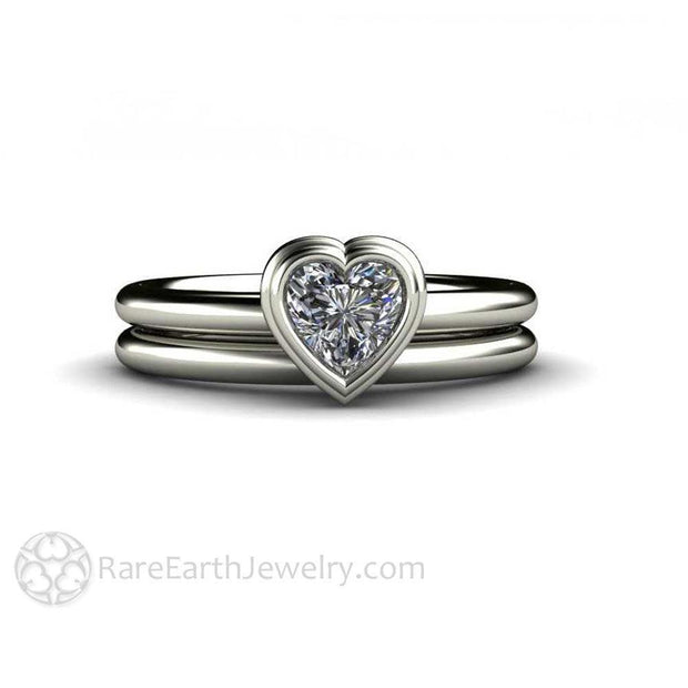 Heart Solitaire Moissanite Engagement Ring and Wedding Band 14K White Gold - Rare Earth Jewelry