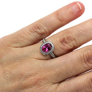Hot Pink Sapphire Ring Cushion Engagement Ring with Diamond Halo 18K White Gold - Rare Earth Jewelry