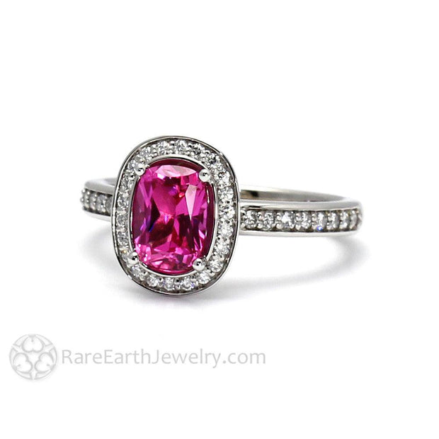 Hot Pink Sapphire Ring Cushion Engagement Ring with Diamond Halo 18K White Gold - Rare Earth Jewelry