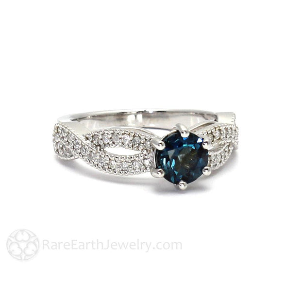 Infinity London Blue Topaz Ring Solitaire Engagement with Diamonds 18K White Gold - Rare Earth Jewelry