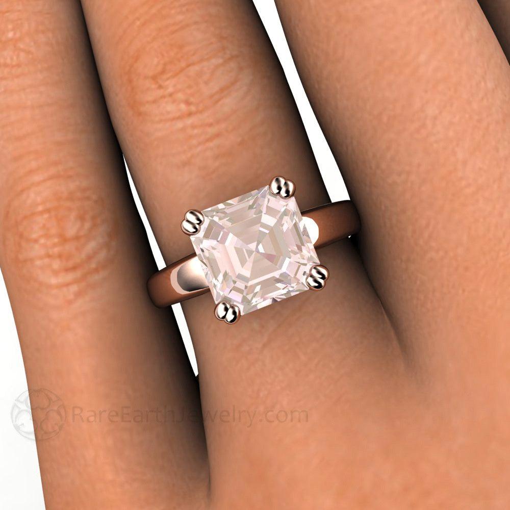 Large Asscher Cut Morganite Engagement Ring Solitaire with Double Prongs - Rare Earth Jewelry