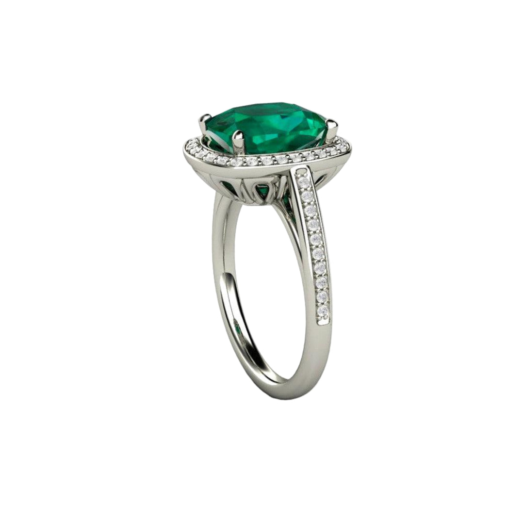 Large Cushion Cut Emerald Ring | Diamond Halo Statement Ring in Gold or Platinum, Rare Earth Jewelry