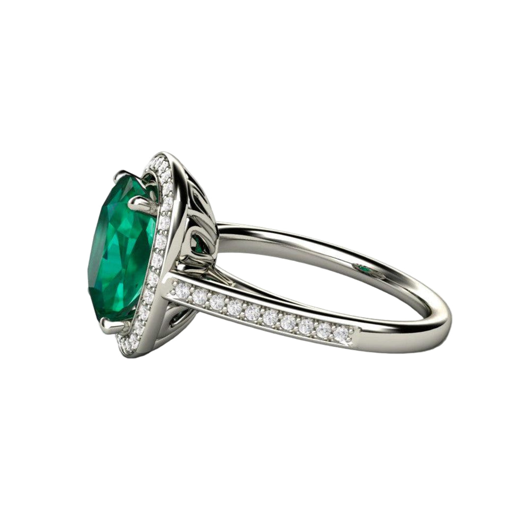 Large Cushion Cut Emerald Ring | Diamond Halo Statement Ring in Gold or Platinum, Rare Earth Jewelry