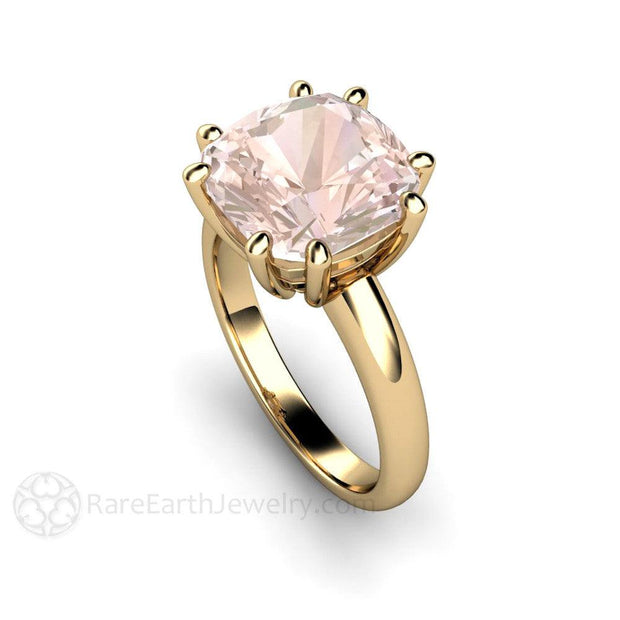 Large Cushion Morganite Ring 8 Prong Solitaire 14K Yellow Gold - Rare Earth Jewelry