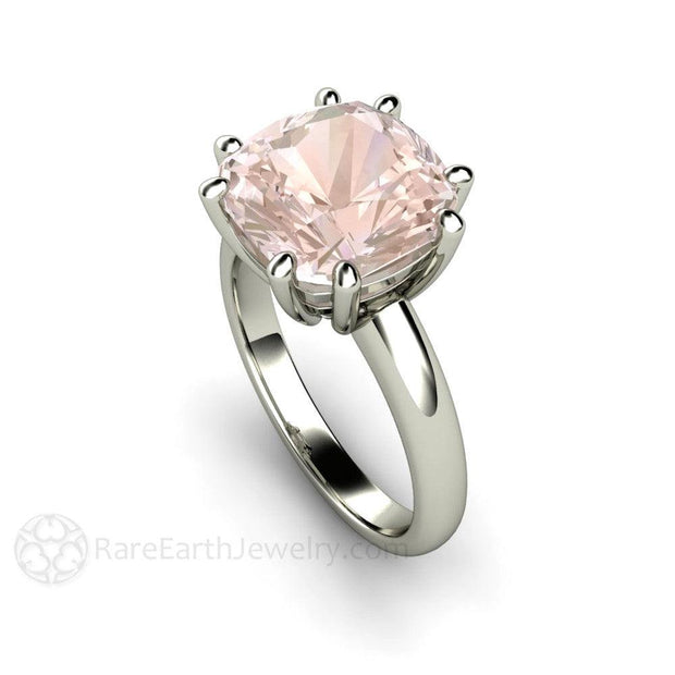 Large Cushion Morganite Ring 8 Prong Solitaire 14K White Gold - Rare Earth Jewelry