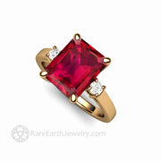 Large Emerald Cut Ruby Ring 3 Stone Design with Diamonds 18K Yellow Gold - Rare Earth Jewelry