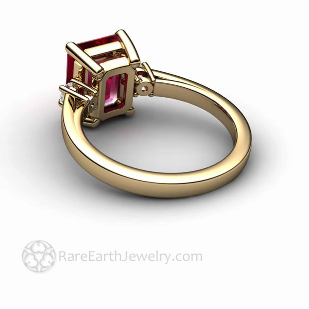Large Emerald Cut Ruby Ring 3 Stone Design with Diamonds