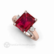 Large Emerald Cut Ruby Ring 3 Stone Design with Diamonds 18K Rose Gold - Rare Earth Jewelry