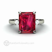 Large Emerald Cut Ruby Ring 3 Stone Design with Diamonds 14K White Gold - Rare Earth Jewelry