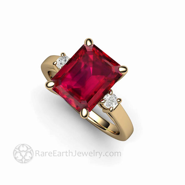Large Emerald Cut Ruby Ring 3 Stone Design with Diamonds 14K Yellow Gold - Rare Earth Jewelry