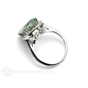 Large Green Amethyst Ring Cushion with Diamond Halo 14K White Gold - Rare Earth Jewelry