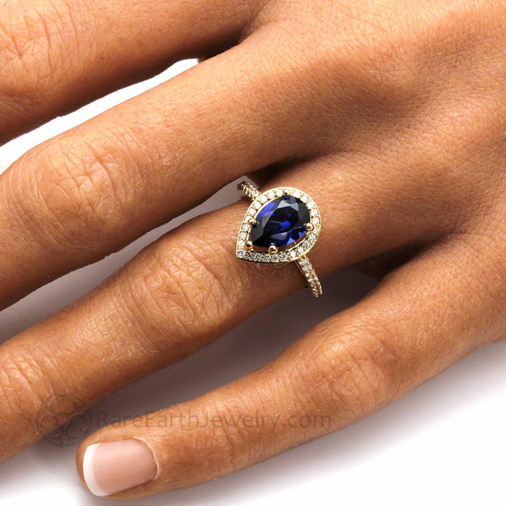 Large Pear Cut Blue Sapphire Engagement Ring Pave Diamond Halo - Rare Earth Jewelry