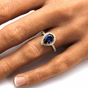 Large Pear Cut Blue Sapphire Engagement Ring Pave Diamond Halo 14K Yellow Gold - Engagement Only - Rare Earth Jewelry