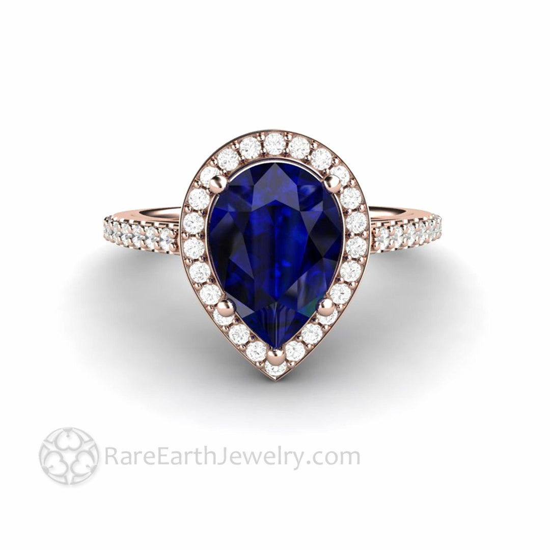 Large Pear Cut Blue Sapphire Engagement Ring Pave Diamond Halo - Rare Earth Jewelry